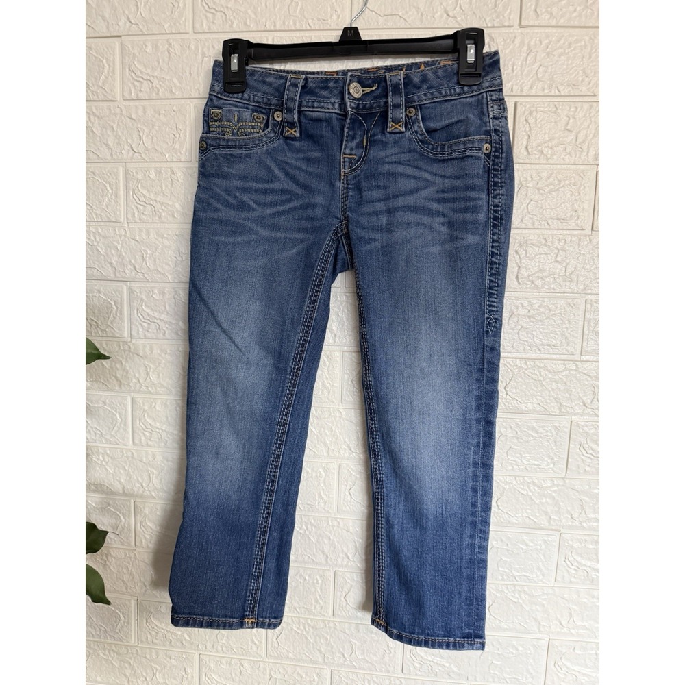 Rock Revival Jessica Womens Capri Jeans Blue Embroidered Size 24 YJ1025P401
